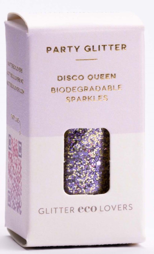 Eine rosa Packung mit 'Party Glitter' enthält biologisch abbaubaren Glitzer namens 'Disco Queen'. Für umweltfreundliche Partys.