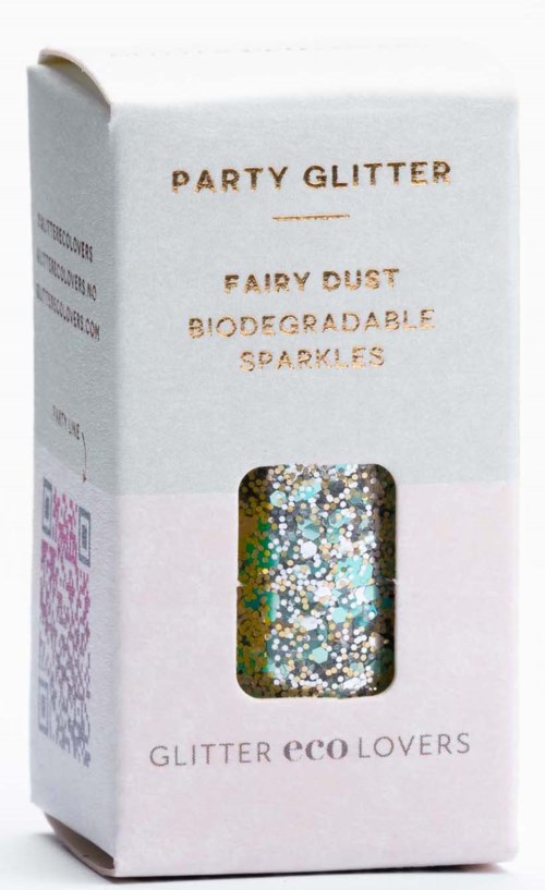 Eine Schachtel biologisch abbaubaren, funkelnden Glitzer 'Party Glitter Fairy Dust' für Umweltliebhaber.
