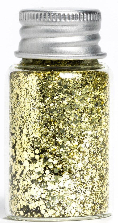 Kleine Glasflasche mit glitzerndem Goldglitter und silberner Deckel.