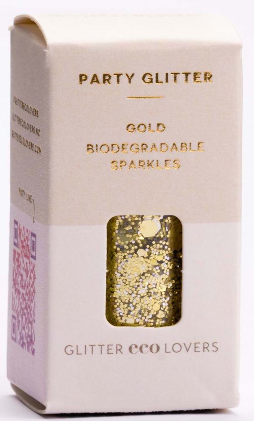 Eine kleine Verpackung mit 'Party Glitter' beschriftet, enthält goldenen umweltfreundlichen Glitzer.