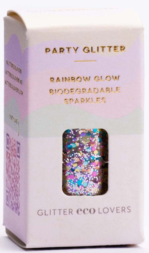 Eine Schachtel mit 'Party Glitter' und Regenbogen-Glitzer. Es steht 'biodegradable sparkles' und 'glitter eco lovers'.