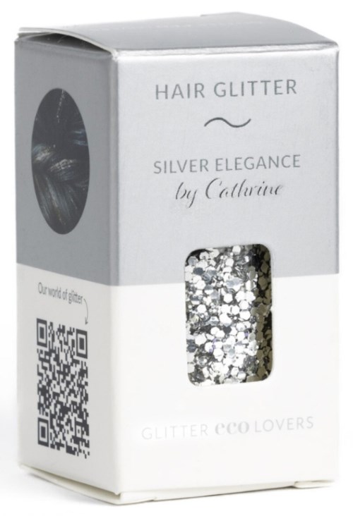 Kleine weiße Box mit Silberglitzer, Beschriftung 'Hair Glitter Silver Elegance by Callina'.