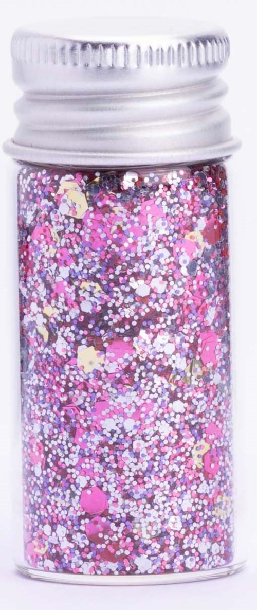 Kleiner Glas voller rosa, lila und weißer Glitzerpartikel. Silberner Deckel oben. Funkelnd und bunt.