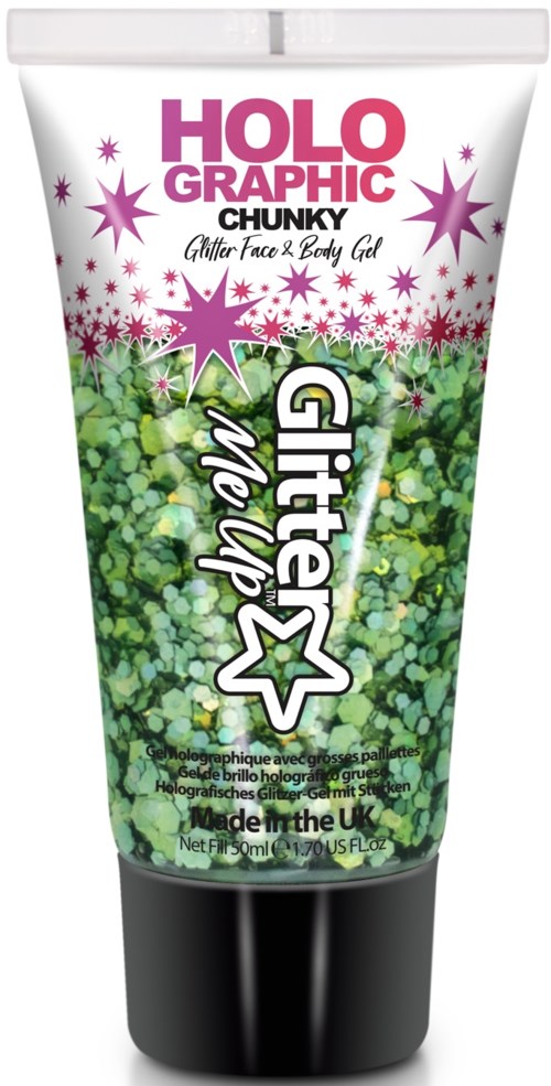 Tube met glittergel in groen, roze en paars met sterren, label 'HOLOGRAPHIC CHUNKY Glitter Face & Body Gel.'