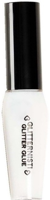 Een witte fles met zwarte dop met label "Gitter Glüe" en decoratieve tekst.