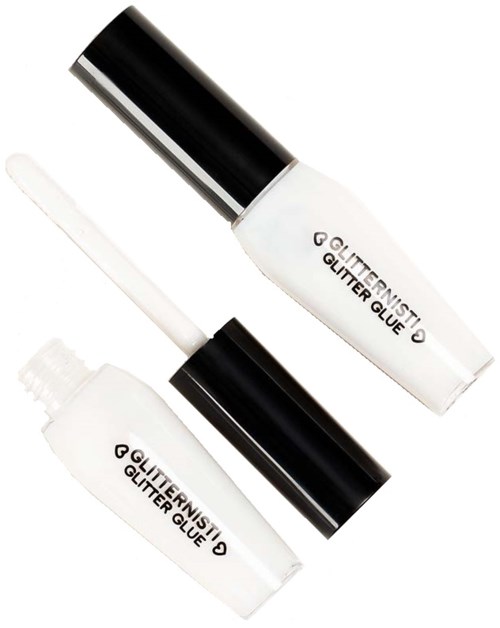 Twee flessen glitterlijm, een met een tube en een met een applicator.