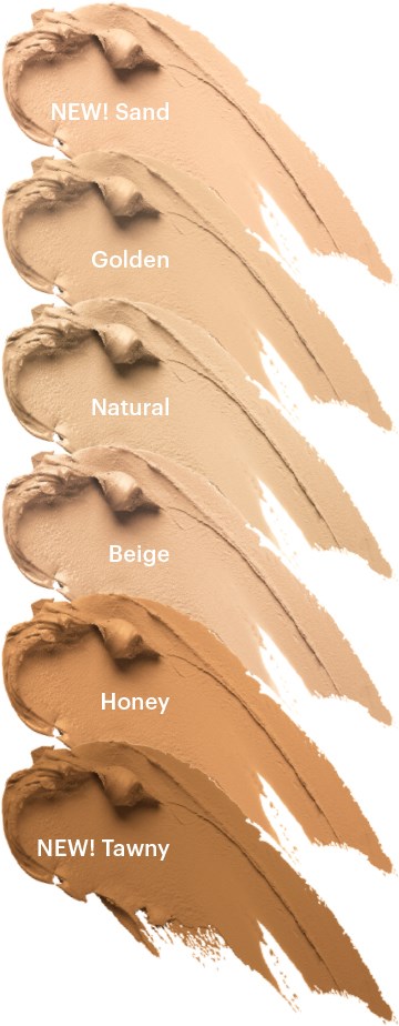 Six different shades of makeup foundation with labels: Sand, Golden, Natural, Beige, Honey, Tawny. Two are new.