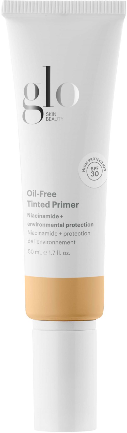 A white tube of Glo skin care product with beige bottom, labeled as oil-free tinted primer with SPF 30.