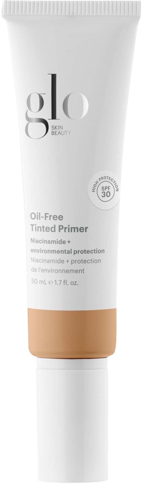 Weiße Tube mit beiger Unterseite, beschriftet 'glo' Skin Beauty, SPF 30, ölfreier getönter Primer, leicht, schützt die Haut.