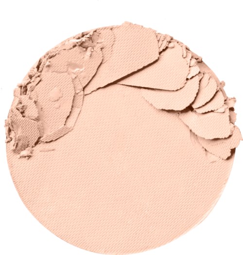 A round makeup product with broken powder on the top left, showing a beige color.