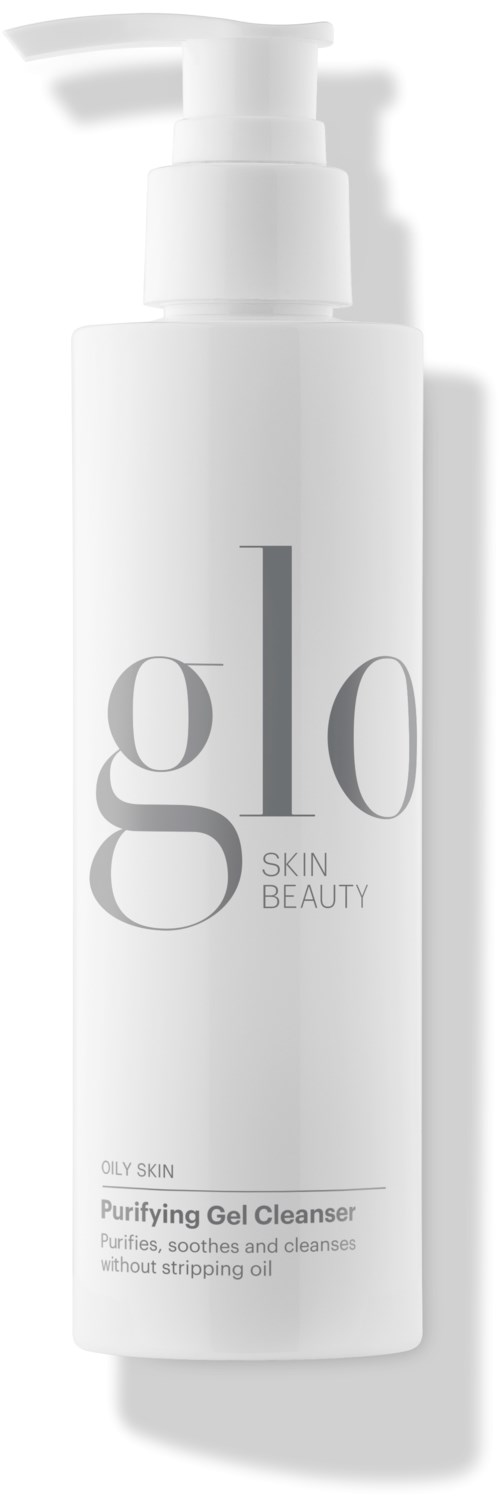 A white bottle with a pump, labeled 'glo SKIN BEAUTY', for purifying gel cleanser, designed for oil control.