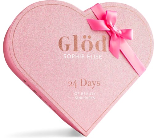 A pink heart-shaped box with a ribbon, labeled Glöd Sophie Elise 24 Days of Beauty Surprises.