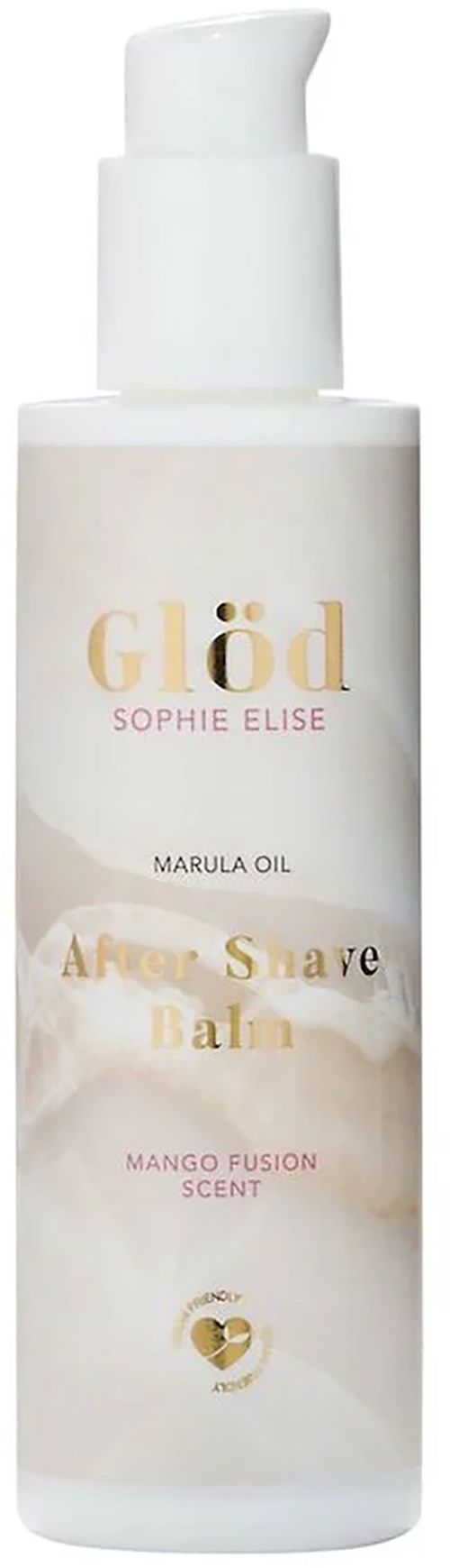 Een witte fles met pomp toont Glöd Sophie Elise Marula Oil en Mango Fusion geur, geschikt voor scheer- of huidverzorging.