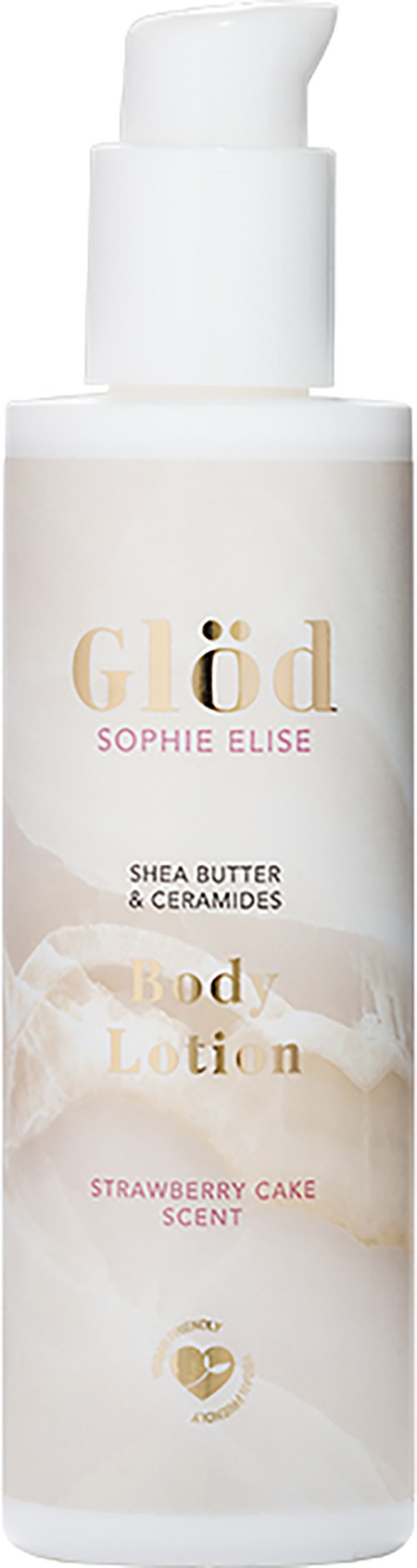 Een witte fles met pomp, labelt Glöd bodylotion met sheaboter, ceramiden en aardbeiencakegeur.