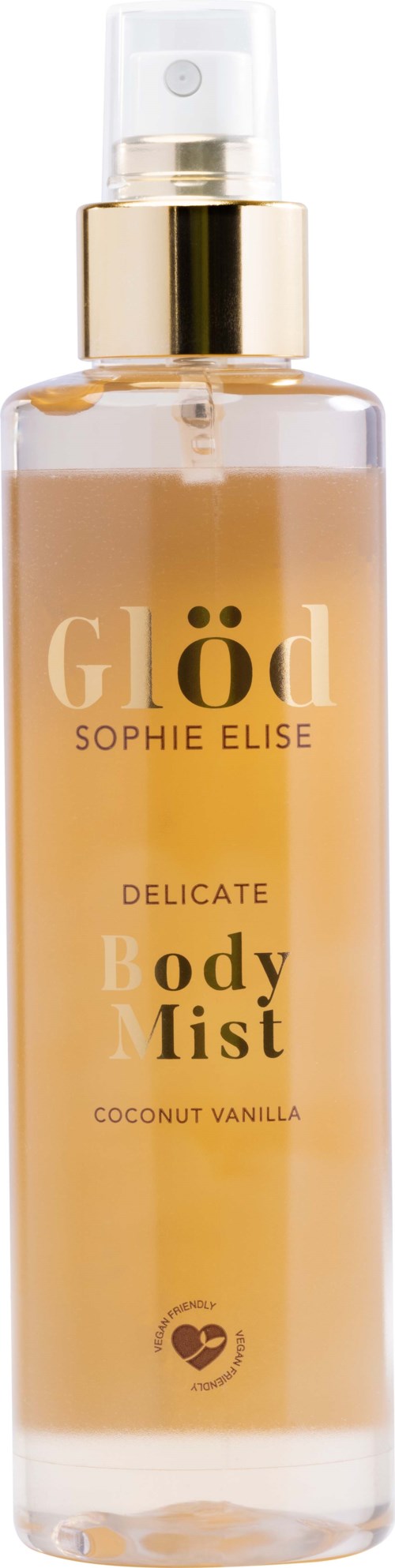 Doorzichtige sprayfles met goudkleurig en wit label, bevat kokos-vanille body mist van Gloď, gemerkt 'Delicate'.