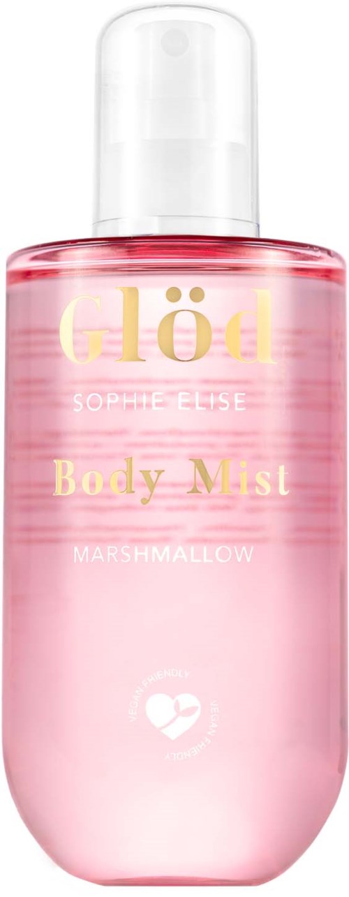 Pink body mist bottle with gold and white text, labeled Glöd, Sophie Elise, and marshmallow scent.