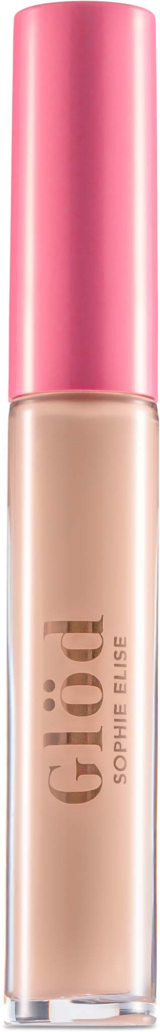 Leppglansrør med rosa hette og klar kropp som viser beige gloss, merket G Dermic Sophie Feller.