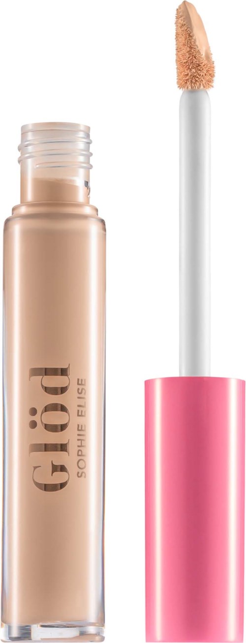 Glossy beige leppeglossrør med rosa hette og applikator.