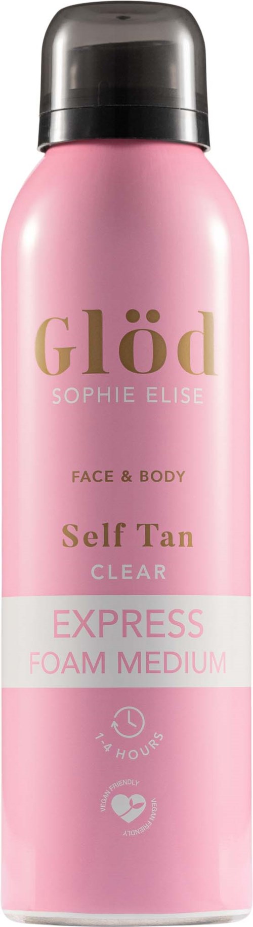 Rødt selvbruningsskum i sprayflaske med svart hette, merket Glöd Sophie Elise, Face & Body, Self Tan, Express, Foam Medium.