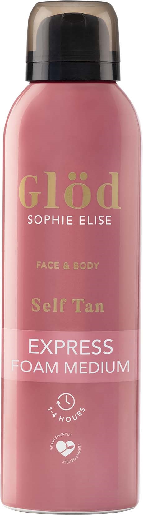Pink self-tanning foam in a tall bottle with black cap, labeled "Glöd Sophie Elise Self Tan" and "Express Foam Medium."