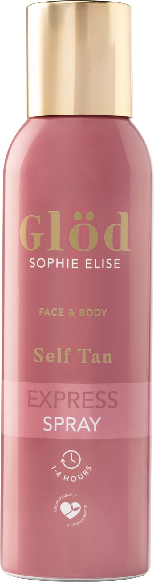 A pink spray bottle with a gold cap, labeled 'Glöd', 'Sophie Elise', for face and body tanning.