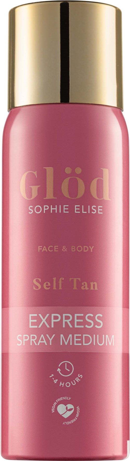 A pink spray bottle with a gold cap, labeled Glöd Sophie Elise for self-tanning, fast-drying, and moisturizing.
