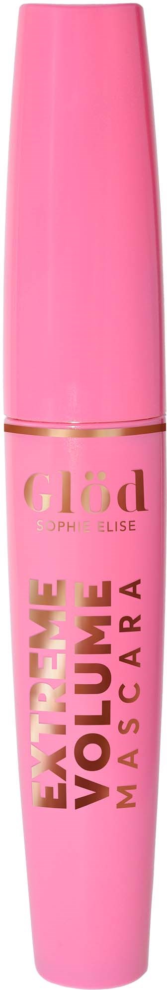 Roze mascara-buis met goud- en rozetext, gelabeld 'Extreme Volume Mascara.'