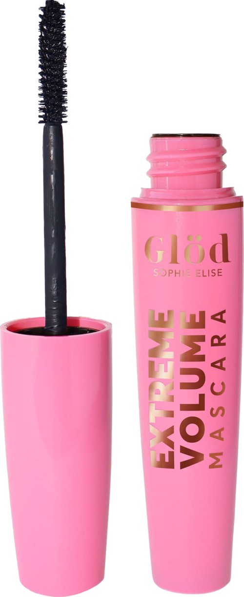 Roze mascarahulzen met een bijwerk. Tekst benadrukt "Extreme Volume" en "Mascara". Gouden details op de verpakking.