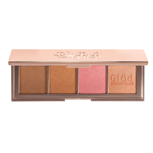 Een make-up palette met vier verschillende tinten, twee bruin, één roze en één perzik, in een lichtroze doos.