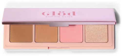 En rosa sminkpalett med fire nyanser: brunt, beige, rosa og gullglitter, merket GloD Sophie Elise.