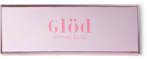 En rosa rektangulær boks med ordet Glöd i store rosa bokstaver og Sophie Elise nedenfor i mindre rosa bokstaver.