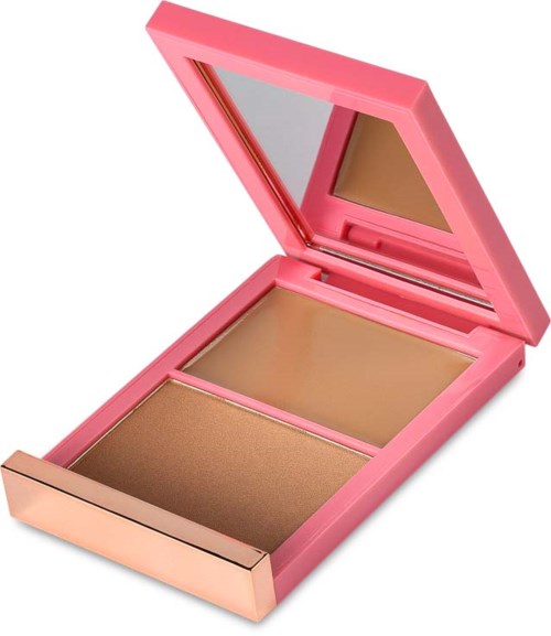 Een roze make-up compact met spiegel, met beige en bruine poeders voor gezichtsmake-up.