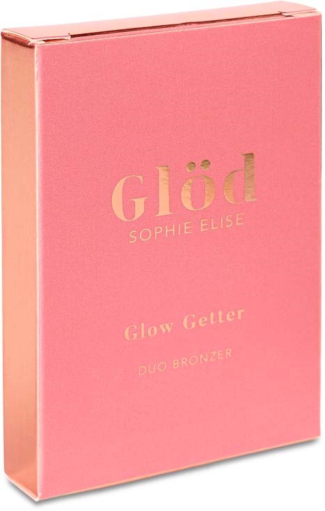 Roze doos met gouden tekst: Glöd, Sophie Elise, Glow Glitter Duo Bronzer.