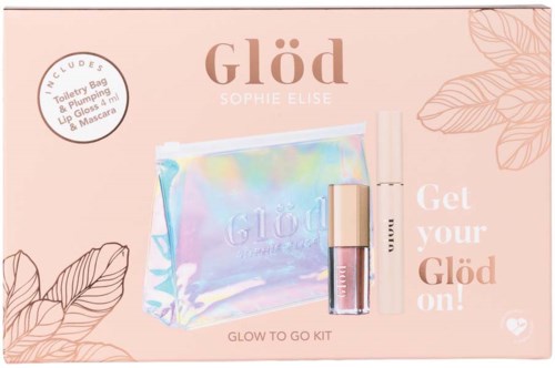 Een lichtroze doos met het merk Glöd, bevat make-up, lipgloss en mascara, met tekst "Get your Glöd on!".