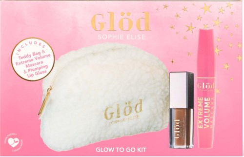 Beautyset bevat een fluffy witte tas, bruine lipstick en roze lipgloss, met een roze achtergrond en gouden sterren.