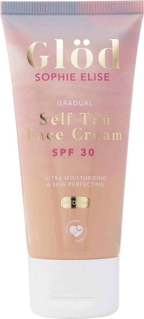 Een roze pompflacon van Glød zelfbruiner voor het gezicht met SPF 30, benadrukt hydratatie en huidperfectie.