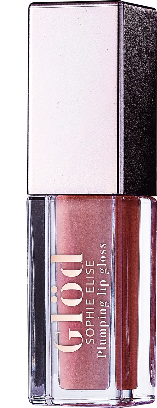 Eine Flasche rosa Lipgloss mit silbernem und schwarzem Deckel, genannt 'gel gloss' von Sophie Elise.
