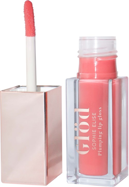 Ein rosa Lipgloss in einer transparenten Flasche mit weißem Text. Der Applikator ist sichtbar und trägt pinken Glanz.