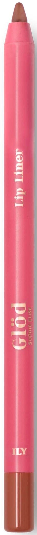 Een roze lipliner met een beige punt wordt getoond, met de merknaam en productdetails erop.