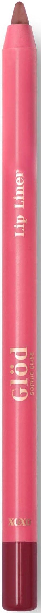 Ein rosafarbener Lippenkonturenstift mit hellem rosa Spitzen und dunklerem rosa Körper, beschriftet "lip liner" und "glossier".