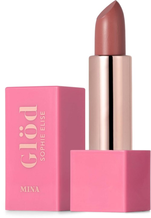 A pink lipstick in a gold and pink case, with a pink box labeled "glow!" and "SOPHIE ELISE."