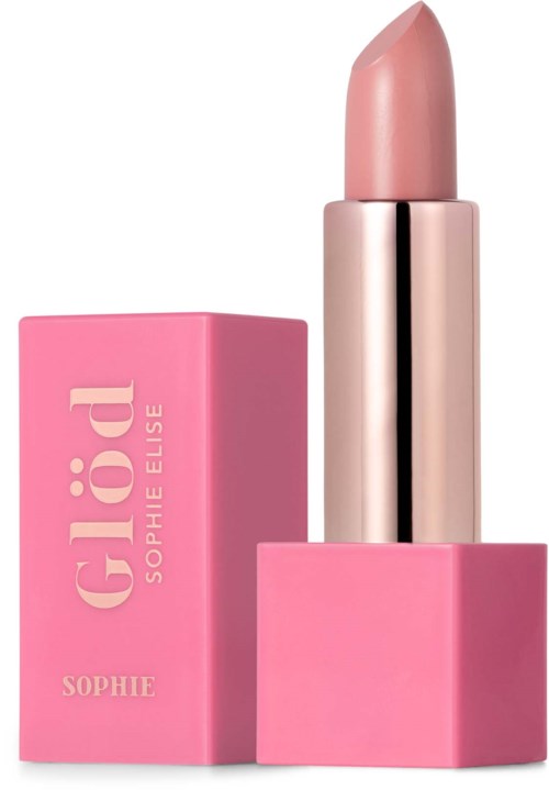 A pink lipstick with a matching pink box labeled "Glöd Sophie Elise" and "Sophie".