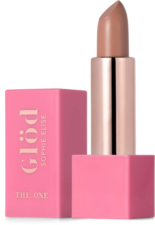 Een roze lippenstift in een roze doosje met 'Glo.v' en 'Sophie Elise' op het label.