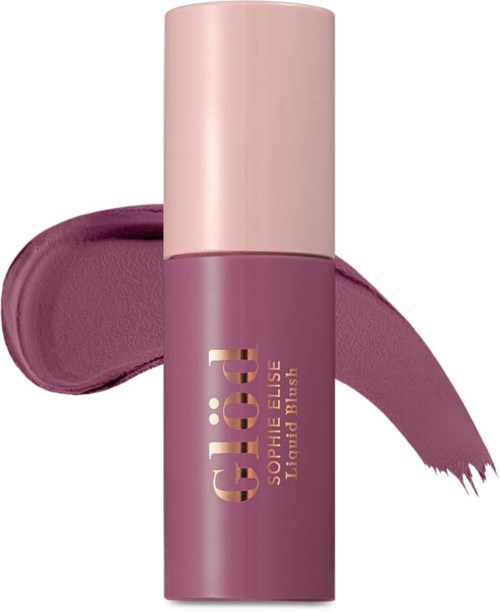 A purple liquid lipstick with a light pink cap, showing a swatch of color beside it.