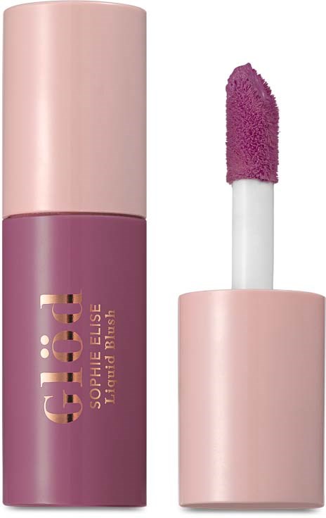 A lipstick tube with purple label and soft pink cap, and a lipstick with purple color and sponge tip.