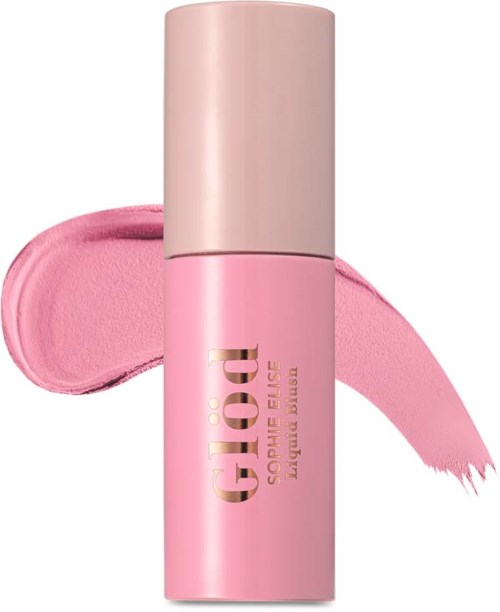 Roze vloeibare lippenstift met beige dop, genaamd 'gel gloss'. Gouden tekst op fles. Laat de kleur zien.