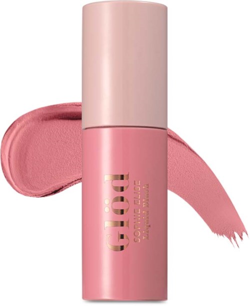 A pink tube of blush with a light pink cap, showing a corresponding pink swatch. Simple, stylish makeup product.