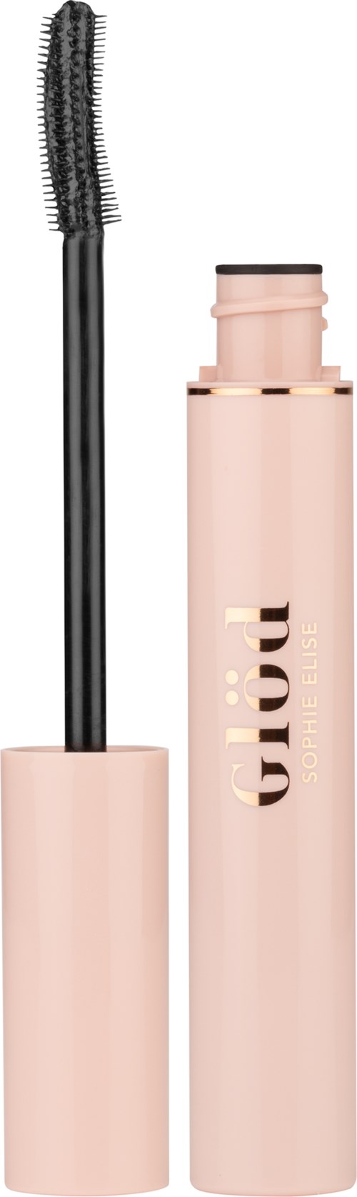 En rosa tube med G coup-mascara og en svart børste inni.