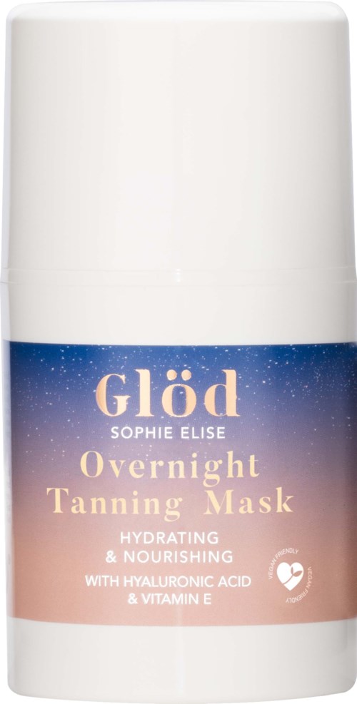 Eine weiße Flasche mit Glöd Overnight Tanning Mask, blauer und rosa Etikette, erwähnt hydratisieren, nähren, Hyaluronsäure und Vitamin E.