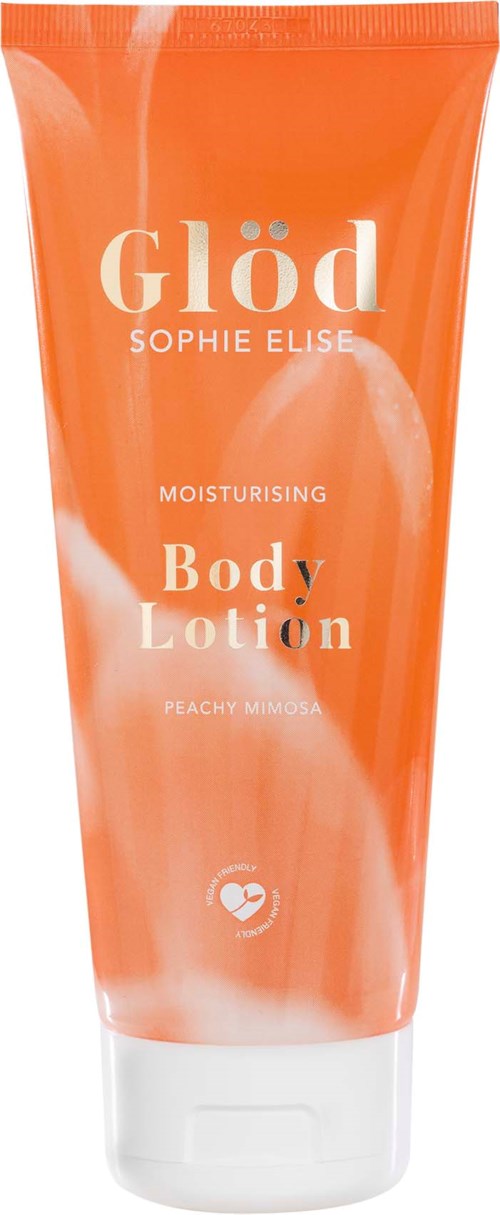 Een oranje bodylotion tube met 'Glöð' en geur van perzikmimosa, bedoeld om de huid te hydrateren.